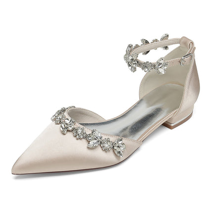 Damen Seidensatin mit Strass Knöchelriemen Flacher Absatz Geschlossene Zehen Partyschuhe