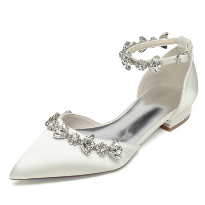 Damen Seidensatin mit Strass Knöchelriemen Flacher Absatz Geschlossene Zehen Partyschuhe