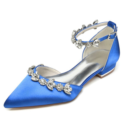 Damen Seidensatin mit Strass Knöchelriemen Flacher Absatz Geschlossene Zehen Partyschuhe