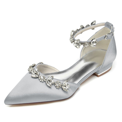Damen Seidensatin mit Strass Knöchelriemen Flacher Absatz Geschlossene Zehen Partyschuhe