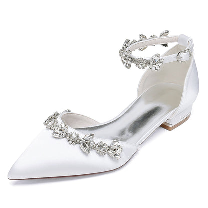 Damen Seidensatin mit Strass Knöchelriemen Flacher Absatz Geschlossene Zehen Partyschuhe
