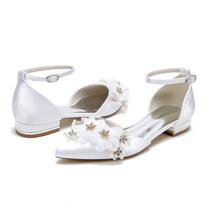 Damen Flacher Absatz Seidensatin Mit Knöchelriemen Blume Geschlossene Zehen Hochzeitsschuhe