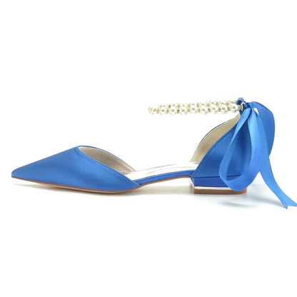 Damen Seidensatin mit Knöchelriemen, Schnürung, geschlossene Zehenpartie, flacher Absatz, Abendschuhe