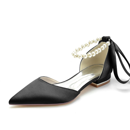 Damen Seidensatin mit Knöchelriemen, Schnürung, geschlossene Zehenpartie, flacher Absatz, Abendschuhe