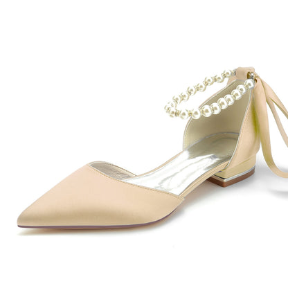 Damen Seidensatin mit Knöchelriemen, Schnürung, geschlossene Zehenpartie, flacher Absatz, Abendschuhe