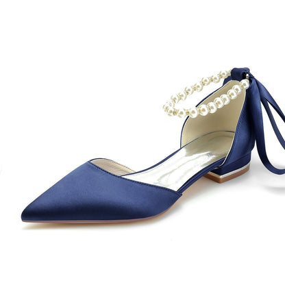 Damen Seidensatin mit Knöchelriemen, Schnürung, geschlossene Zehenpartie, flacher Absatz, Abendschuhe