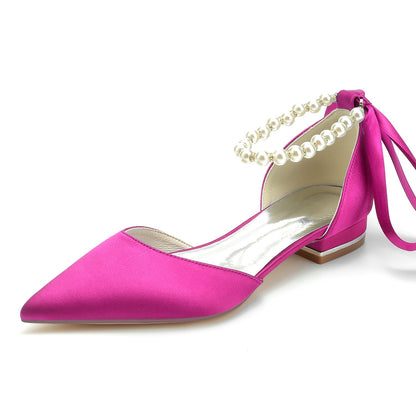 Damen Seidensatin mit Knöchelriemen, Schnürung, geschlossene Zehenpartie, flacher Absatz, Abendschuhe