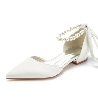 Damen Seidensatin mit Knöchelriemen, Schnürung, geschlossene Zehenpartie, flacher Absatz, Abendschuhe