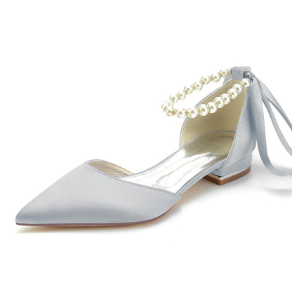 Damen Seidensatin mit Knöchelriemen, Schnürung, geschlossene Zehenpartie, flacher Absatz, Abendschuhe