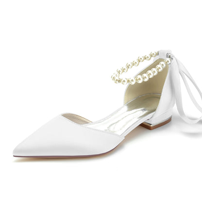 Damen Seidensatin mit Knöchelriemen, Schnürung, geschlossene Zehenpartie, flacher Absatz, Abendschuhe
