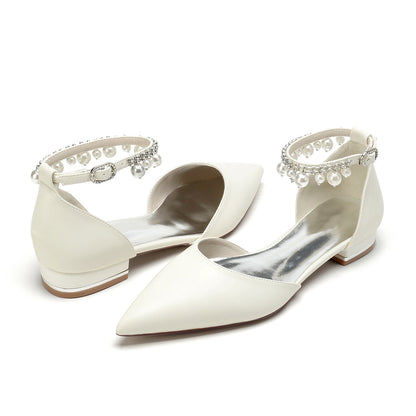 Damen PU mit Perlen Strass Knöchelriemen Quaste Geschlossene Zehen Flacher Absatz Abendschuhe