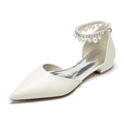 Damen PU mit Perlen Strass Knöchelriemen Quaste Geschlossene Zehen Flacher Absatz Abendschuhe