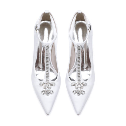 Damen Knöchelriemen Seidensatin mit Strass Geschlossene Zehen Stilettoabsatz Brautschuhe