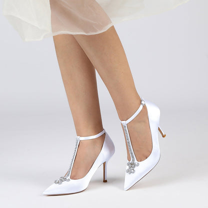 Damen Knöchelriemen Seidensatin mit Strass Geschlossene Zehen Stilettoabsatz Brautschuhe