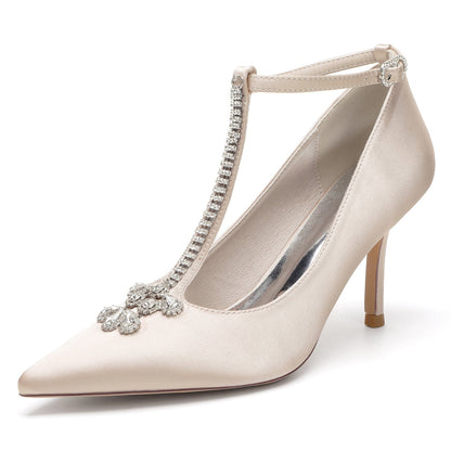 Damen Knöchelriemen Seidensatin mit Strass Geschlossene Zehen Stilettoabsatz Brautschuhe
