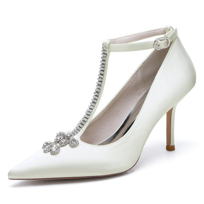 Damen Knöchelriemen Seidensatin mit Strass Geschlossene Zehen Stilettoabsatz Brautschuhe