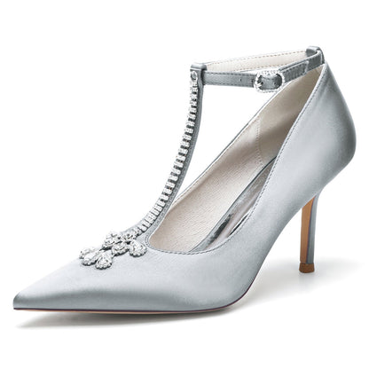 Damen Knöchelriemen Seidensatin mit Strass Geschlossene Zehen Stilettoabsatz Brautschuhe