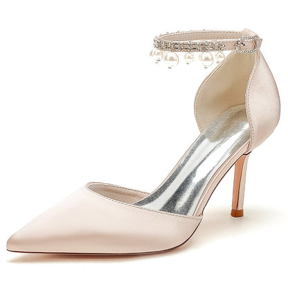 Damen Seidensatin Mit Knöchelriemen Perle Strass Quaste Geschlossene Zehen Stiletto Absatz Party Schuhe