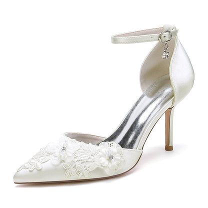 Damen Seidensatin mit Knöchelriemen Blume Geschlossene Zehen Stilettoabsatz Brautschuhe