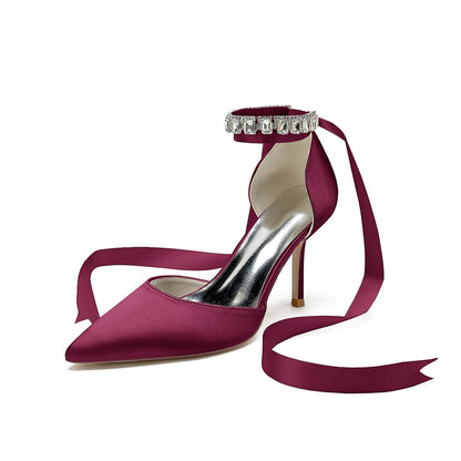Damen Seidensatin Mit Knöchelriemen Schnürung Perlen Strass Geschlossene Zehen Stiletto Absatz Abendschuhe