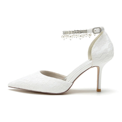 Damen Spitze Seidensatin Mit Knöchelriemen Perle Strass Spitze Quaste Geschlossene Zehen Stiletto Absatz Brautschuhe