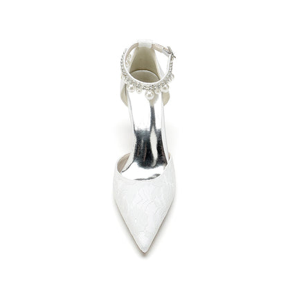 Damen Spitze Seidensatin Mit Knöchelriemen Perle Strass Spitze Quaste Geschlossene Zehen Stiletto Absatz Brautschuhe
