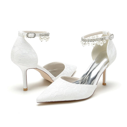 Damen Spitze Seidensatin Mit Knöchelriemen Perle Strass Spitze Quaste Geschlossene Zehen Stiletto Absatz Brautschuhe