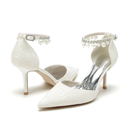 Damen Spitze Seidensatin Mit Knöchelriemen Perle Strass Spitze Quaste Geschlossene Zehen Stiletto Absatz Brautschuhe