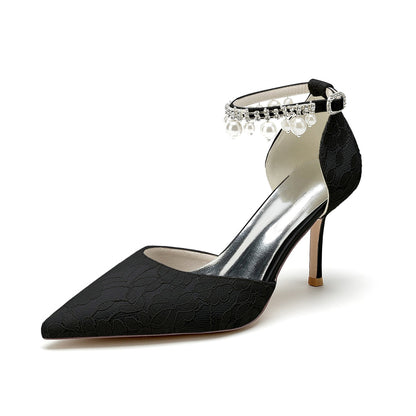 Damen Spitze Seidensatin Mit Knöchelriemen Perle Strass Spitze Quaste Geschlossene Zehen Stiletto Absatz Brautschuhe