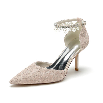 Damen Spitze Seidensatin Mit Knöchelriemen Perle Strass Spitze Quaste Geschlossene Zehen Stiletto Absatz Brautschuhe