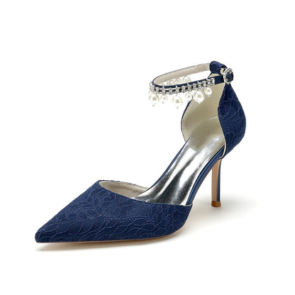 Damen Spitze Seidensatin Mit Knöchelriemen Perle Strass Spitze Quaste Geschlossene Zehen Stiletto Absatz Brautschuhe