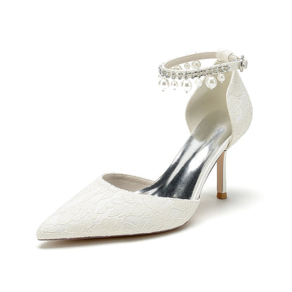 Damen Spitze Seidensatin Mit Knöchelriemen Perle Strass Spitze Quaste Geschlossene Zehen Stiletto Absatz Brautschuhe