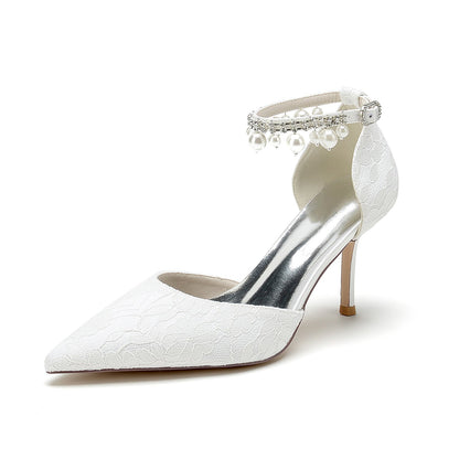 Damen Spitze Seidensatin Mit Knöchelriemen Perle Strass Spitze Quaste Geschlossene Zehen Stiletto Absatz Brautschuhe