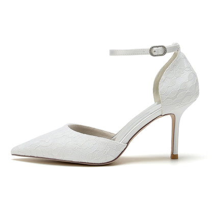 Damen Spitze Seidensatin Mit Knöchelriemen Spitze Geschlossene Zehen Stiletto Absatz Party Schuhe