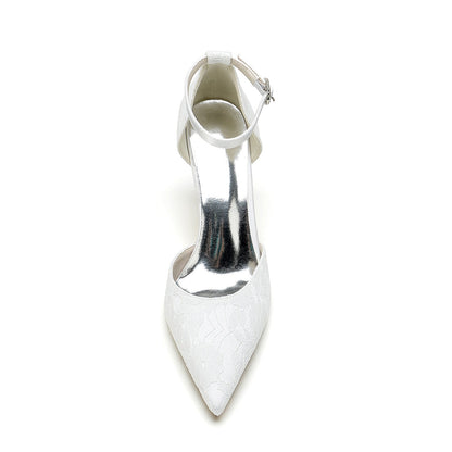 Damen Spitze Seidensatin Mit Knöchelriemen Spitze Geschlossene Zehen Stiletto Absatz Party Schuhe