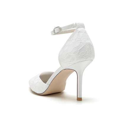 Damen Spitze Seidensatin Mit Knöchelriemen Spitze Geschlossene Zehen Stiletto Absatz Party Schuhe