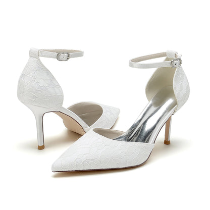 Damen Spitze Seidensatin Mit Knöchelriemen Spitze Geschlossene Zehen Stiletto Absatz Party Schuhe