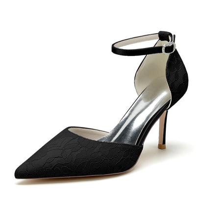 Damen Spitze Seidensatin Mit Knöchelriemen Spitze Geschlossene Zehen Stiletto Absatz Party Schuhe