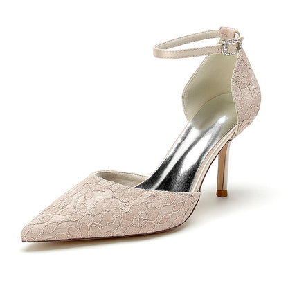Damen Spitze Seidensatin Mit Knöchelriemen Spitze Geschlossene Zehen Stiletto Absatz Party Schuhe