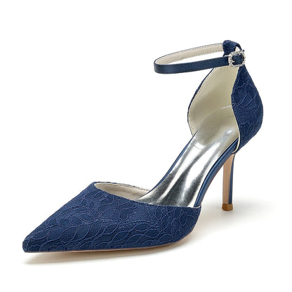 Damen Spitze Seidensatin Mit Knöchelriemen Spitze Geschlossene Zehen Stiletto Absatz Party Schuhe
