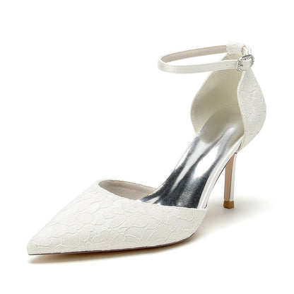 Damen Spitze Seidensatin Mit Knöchelriemen Spitze Geschlossene Zehen Stiletto Absatz Party Schuhe