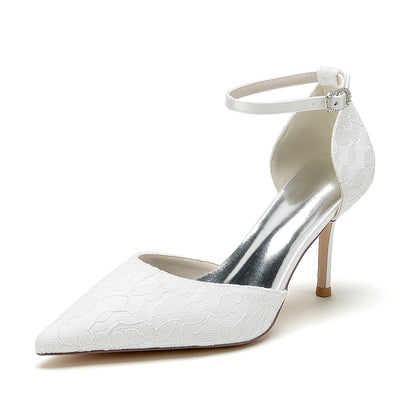 Damen Spitze Seidensatin Mit Knöchelriemen Spitze Geschlossene Zehen Stiletto Absatz Party Schuhe