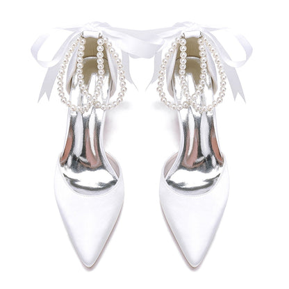 Damen Seidensatin mit Perlen Geschlossene Zehenpartie Knöchelriemen Schnürung Stilettoabsatz Hochzeitsschuhe