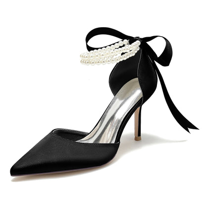 Damen Seidensatin mit Perlen Geschlossene Zehenpartie Knöchelriemen Schnürung Stilettoabsatz Hochzeitsschuhe