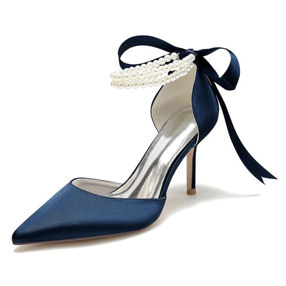 Damen Seidensatin mit Perlen Geschlossene Zehenpartie Knöchelriemen Schnürung Stilettoabsatz Hochzeitsschuhe