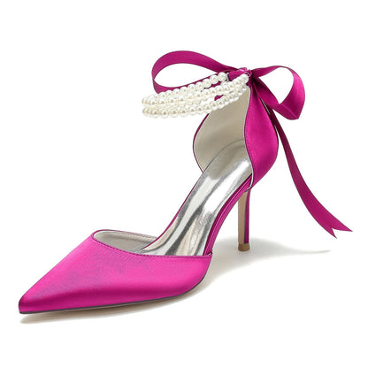 Damen Seidensatin mit Perlen Geschlossene Zehenpartie Knöchelriemen Schnürung Stilettoabsatz Hochzeitsschuhe