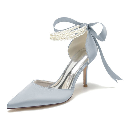 Damen Seidensatin mit Perlen Geschlossene Zehenpartie Knöchelriemen Schnürung Stilettoabsatz Hochzeitsschuhe