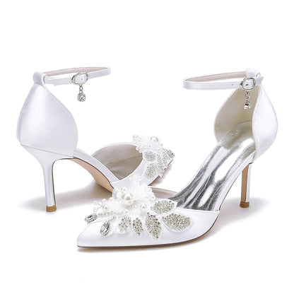 Damen Seidensatin mit Knöchelriemen Blume Strass Geschlossene Zehen Stiletto Absatz Brautschuhe