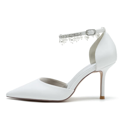 Damen PU mit Knöchelriemen Perlen Quaste Geschlossene Zehe Stiletto Absatz Hochzeitsschuhe
