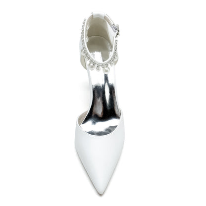Damen PU mit Knöchelriemen Perlen Quaste Geschlossene Zehe Stiletto Absatz Hochzeitsschuhe